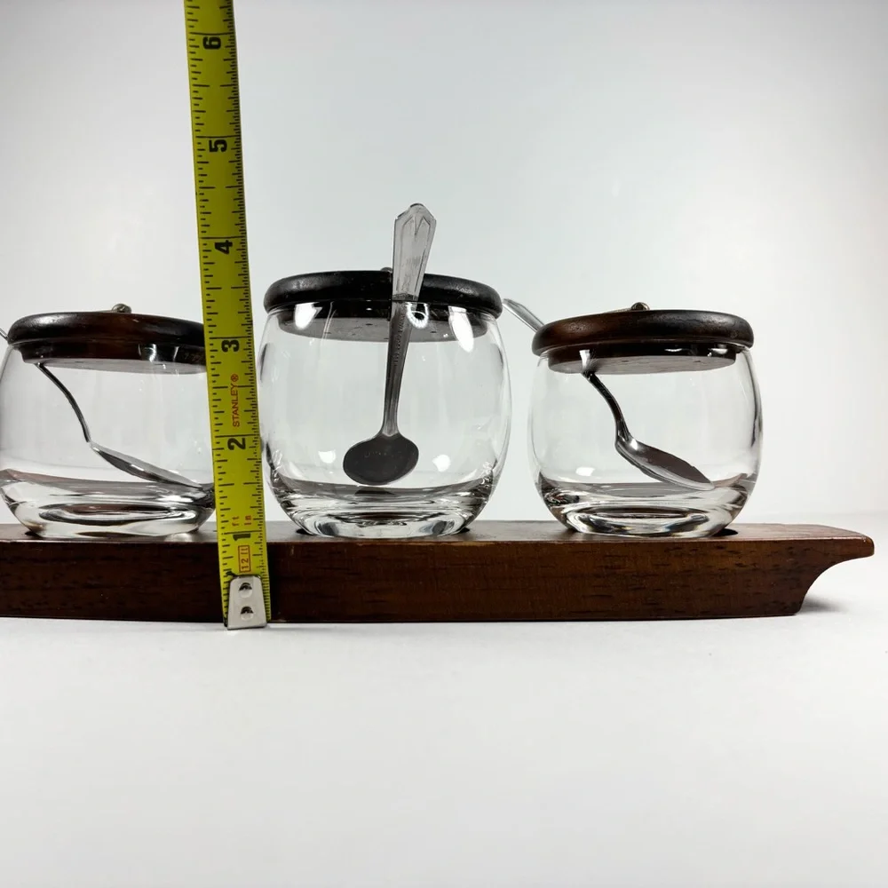 Vintage Glass Spice Jars with Wooden Lids Spoons Tray‎ Three jars